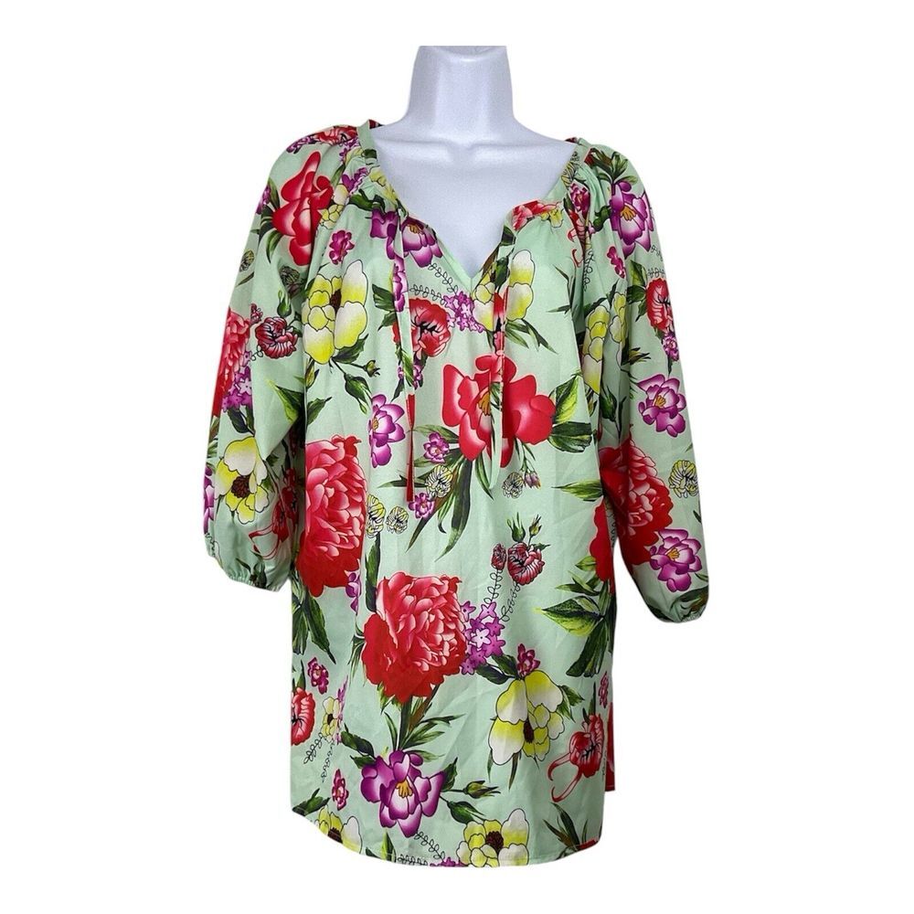 Miss Look Womens Floral Peasant Blouse‎ Sz L Cottagecore Lightweight Oversized